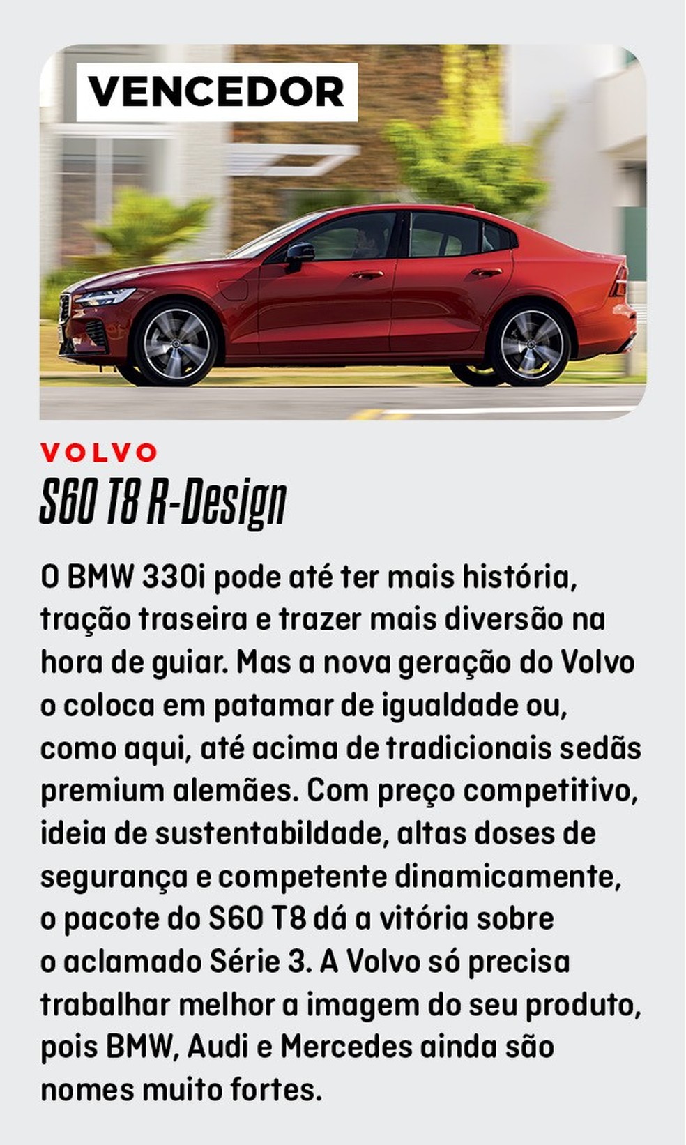 Tabelas do Comparativo: Volvo S60 T8 R-Design e BMW 330i M Sport (Foto: Autoesporte) — Foto: Auto Esporte