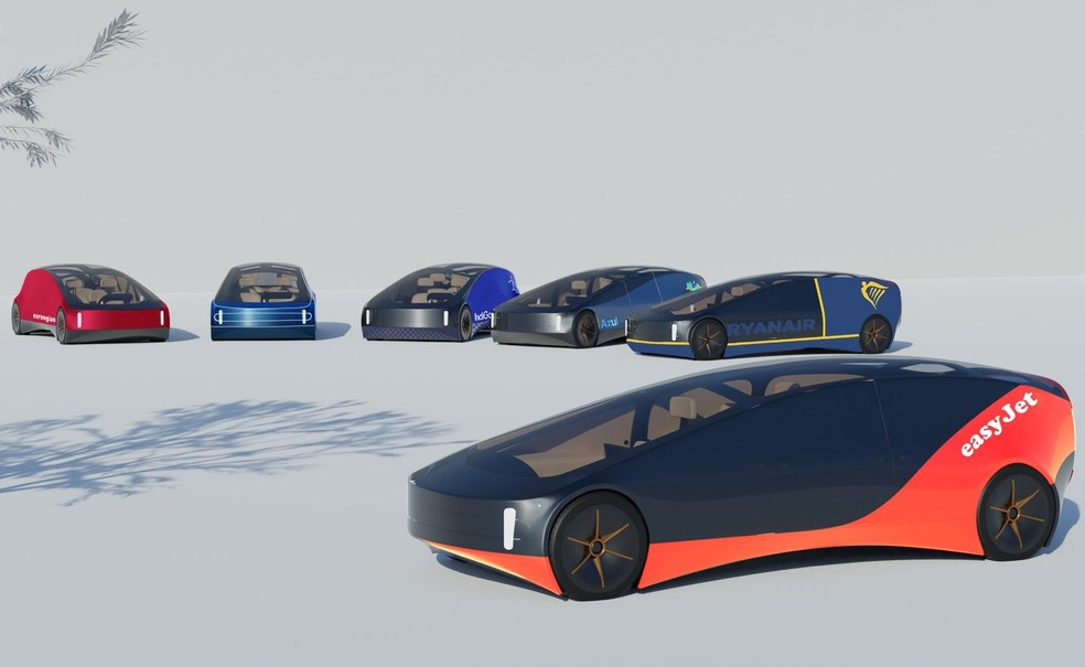 Designers criaram os carros elétricos já com os logotipos das companhias aéreas — Foto: Divulgação