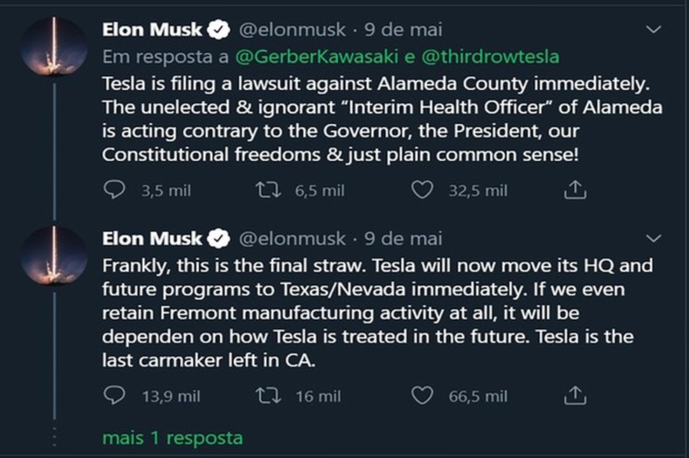 Elon Musk chegou a ameaçar retirar a fábrica da cidade de Fremont, no condado de Alameda, na Califórnia (Foto: Twitter) — Foto: Auto Esporte