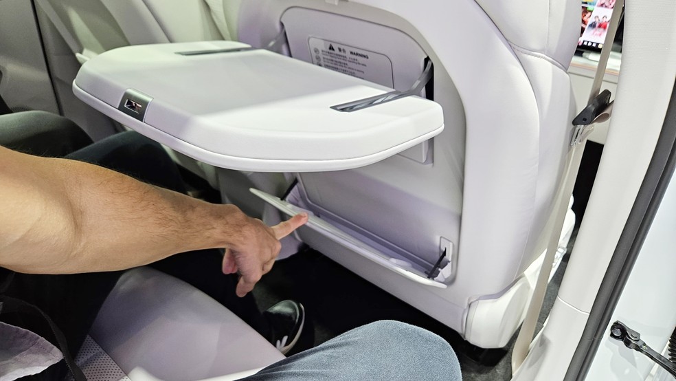 Neta L tem mesinha no banco traseiro tipo de avião — Foto: Leonardo Felix