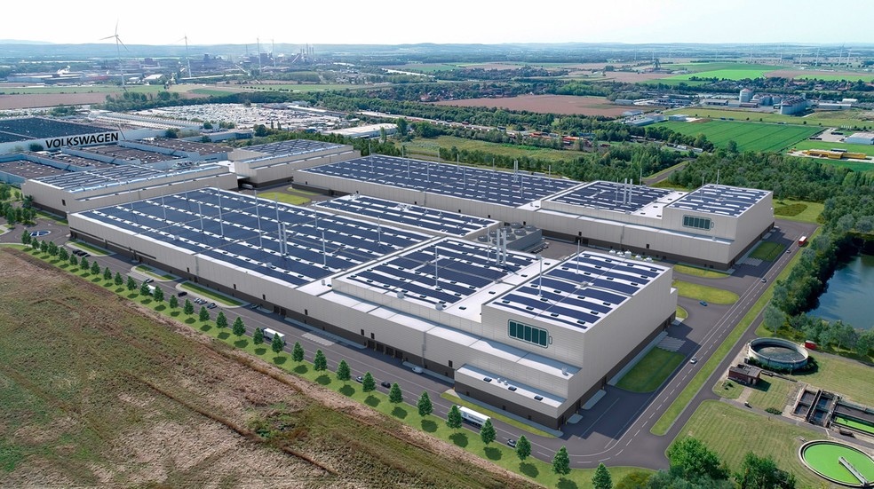 Projeção da fábrica de baterias que a Volkswagen está construindo em Salzgitter, na Alemanha — Foto: Divulgação