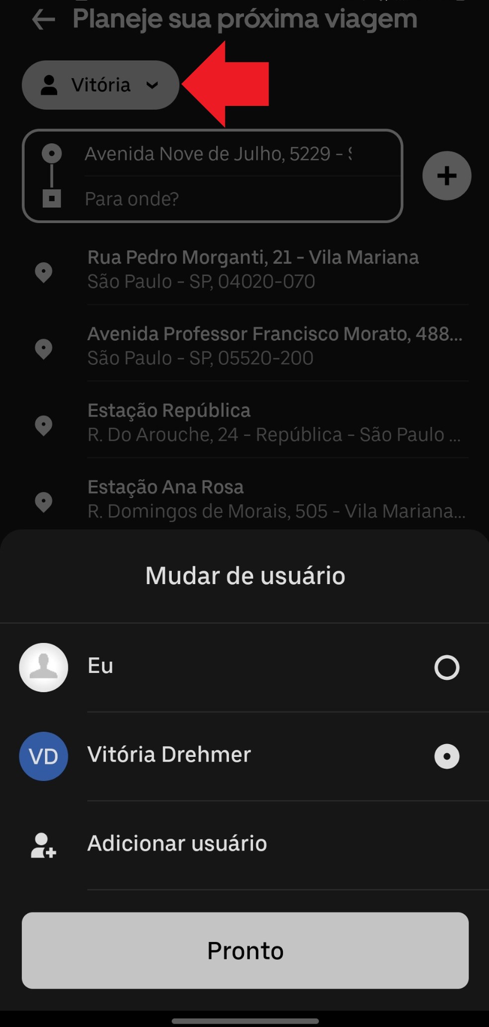 Um menu é disponibilizado para visualizar todos os passageiros cadastrados naquela conta — Foto: Reprodução/Aplicativo Uber
