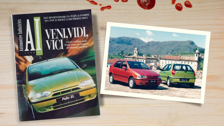 Palio na capa da revista americana Automotive Industries de junho de 1996; e Primeira geração do Palio, em 1996