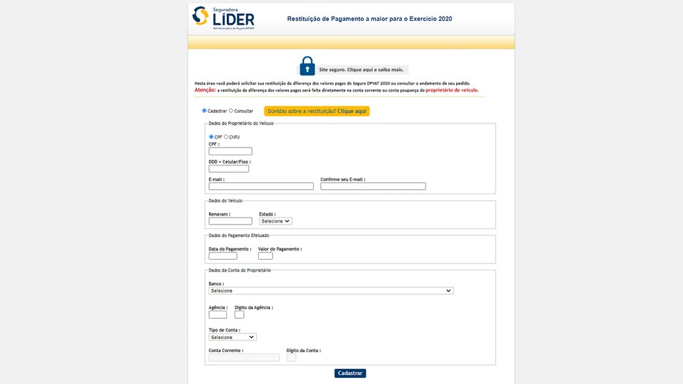 No link para página de solicitação do reembolso, você verá uma tela como esta — Foto: Seguradora líder