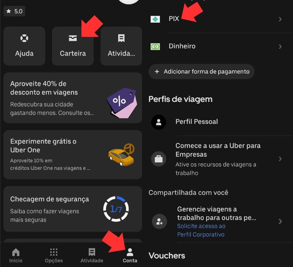 É possível adicionar o Pix como forma de pagamento na Uber — Foto: Reprodução/Aplicativo Uber