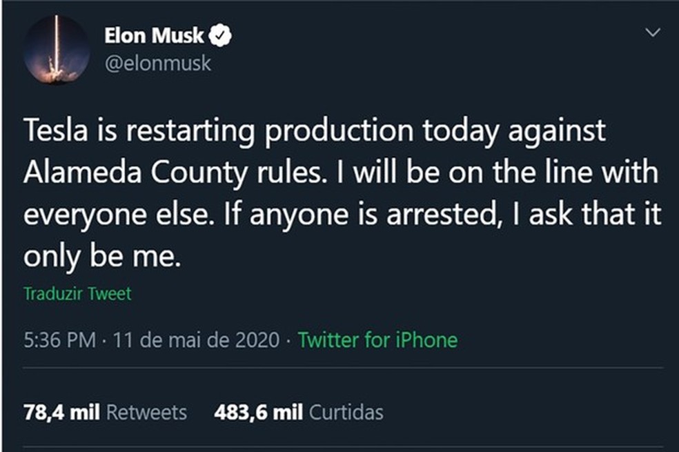 Em sua conta no twitter, Elon desafiou as autoridades e afirmou que "se é para alguém ir preso, que seja eu" (Foto: Twitter) — Foto: Auto Esporte