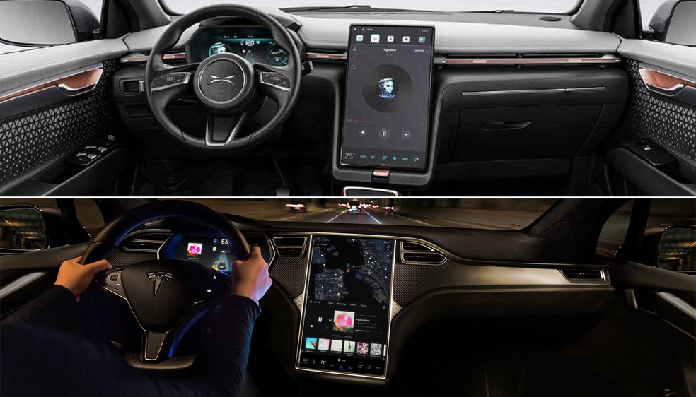 Interior do Xiaopeng (acima) é muito parecido com o Tesla Model X (abaixo) — Foto: Divulgação