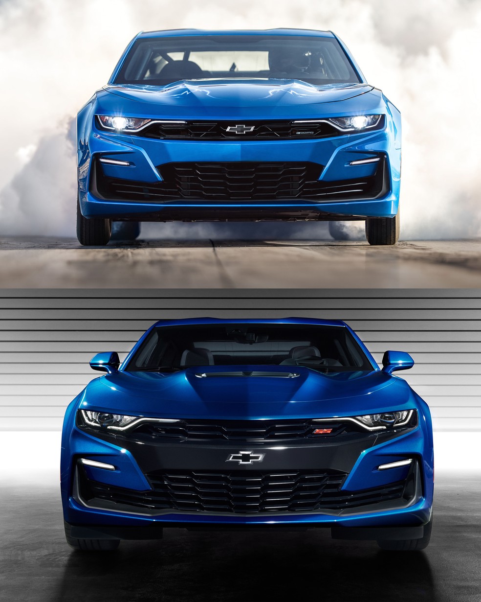 Na imagem superior, o Camaro eCopo com alterações visuais. Abaixo, a configuração SS, com grade cinza, como virá ao Brasil. — Foto: Divulgação/Chevrolet
