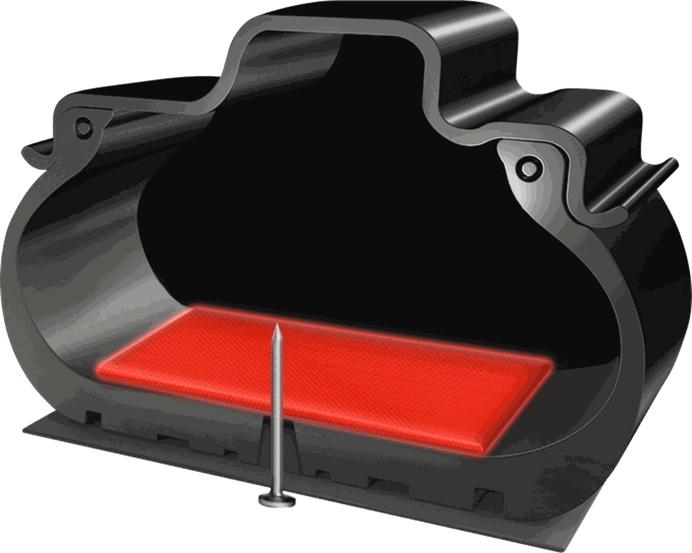 Massa de vedação é representada pela camada em vermelho. Em furos de até 4mm, o produto encapa o objeto e impossibilita a perda de pressão — Foto: Pirelli