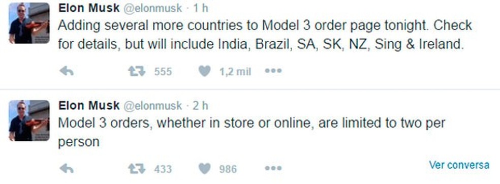 Elon Musk afirma em rede social que Tesla vai vender o Model 3 no Brasil (Foto: Reprodução / Twitter) — Foto: Auto Esporte