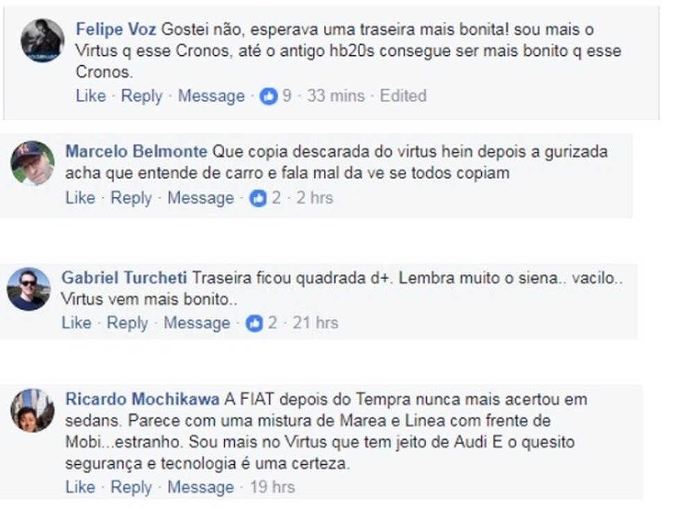 Comentários Fiat Cronos  (Foto: Reprodução Facebook ) — Foto: Auto Esporte
