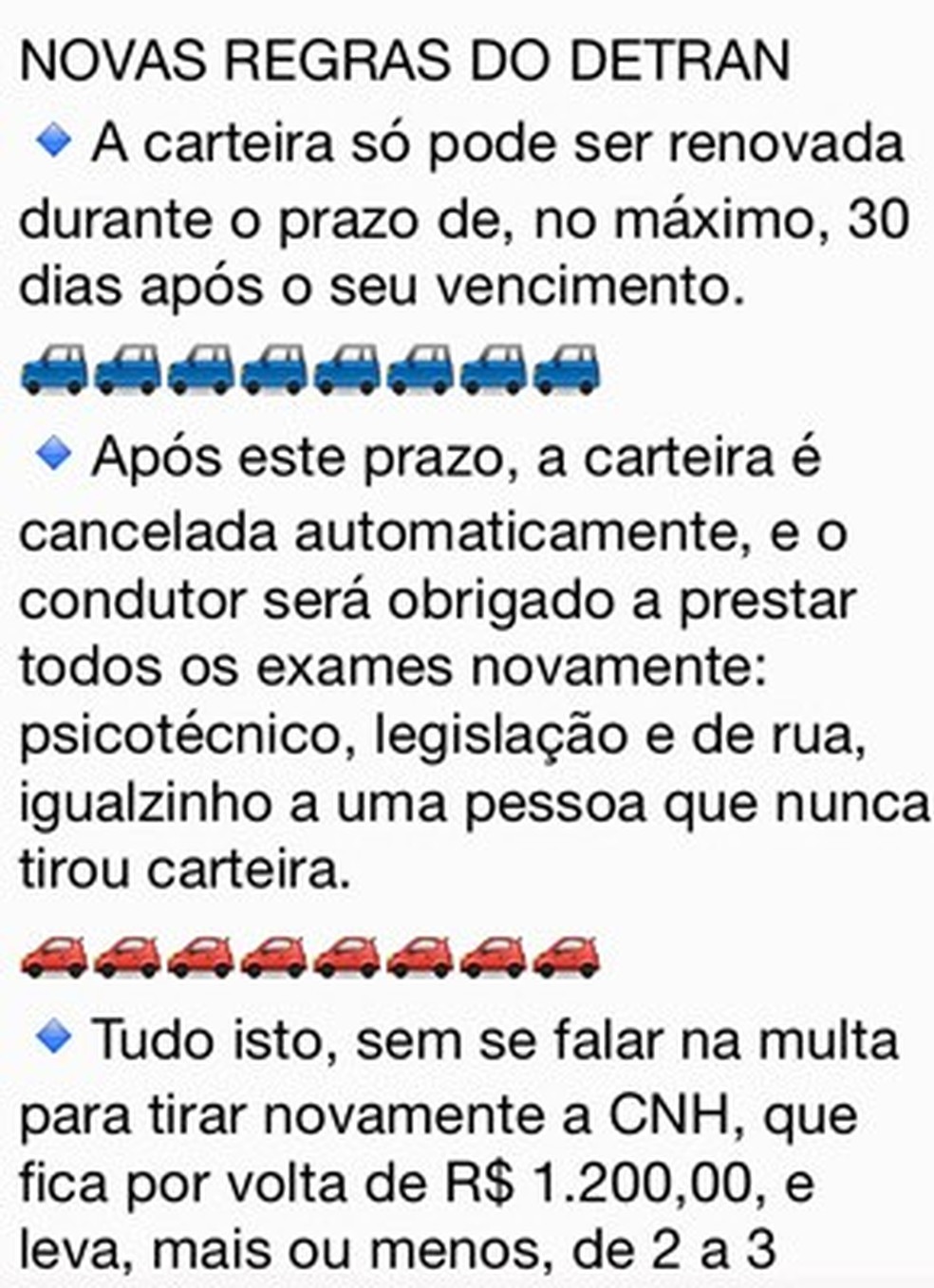 Mensagem sobre multas que circula nas redes — Foto: Reprodução