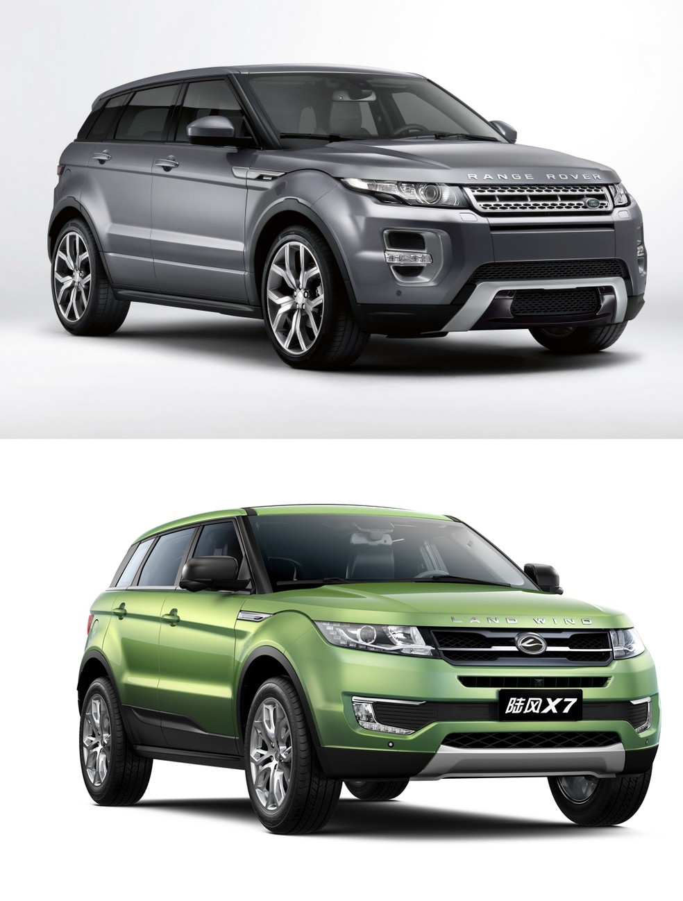 Land Rover Range Rover Evoque (em cima) e Landwind X7 (embaixo) — Foto: Divulgação/G1 (montagem)