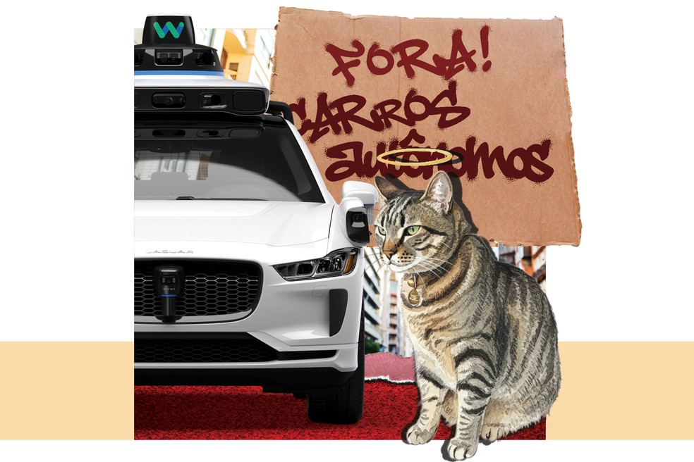 Ilustração da gata Kit Kat, o Jaguar I-Pace da Waymo e os protestos pelo fim de testes com veículos autônomos em vias públicas — Foto: Demetrios Cardozo