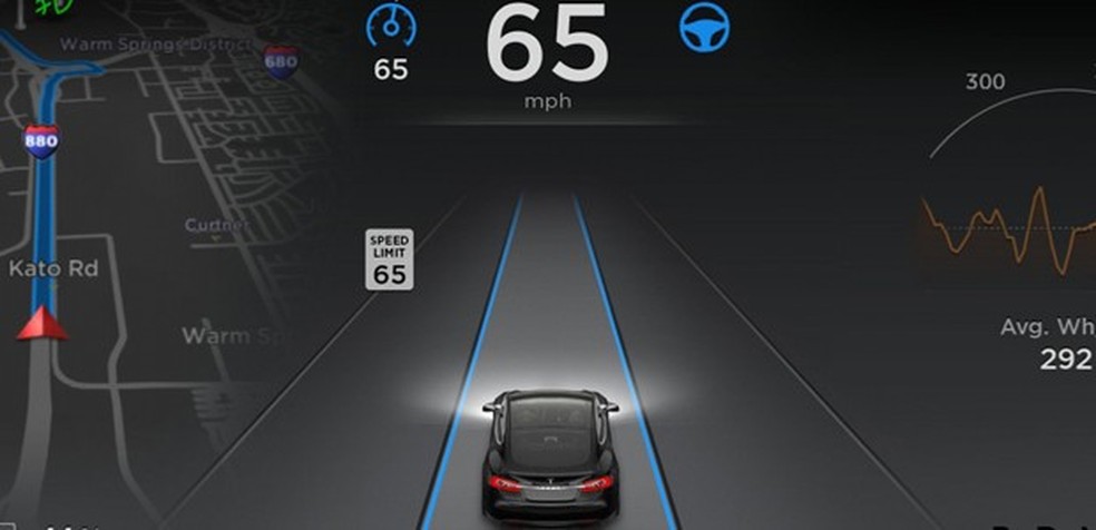 Com o novo quadro de instrumentos do Tesla Model S é possível perceber que os diversos sensores tem informações das mais variadas sobre a pista, permitindo uma resposta automatizada e segura (Foto: Divulgação) — Foto: Auto Esporte