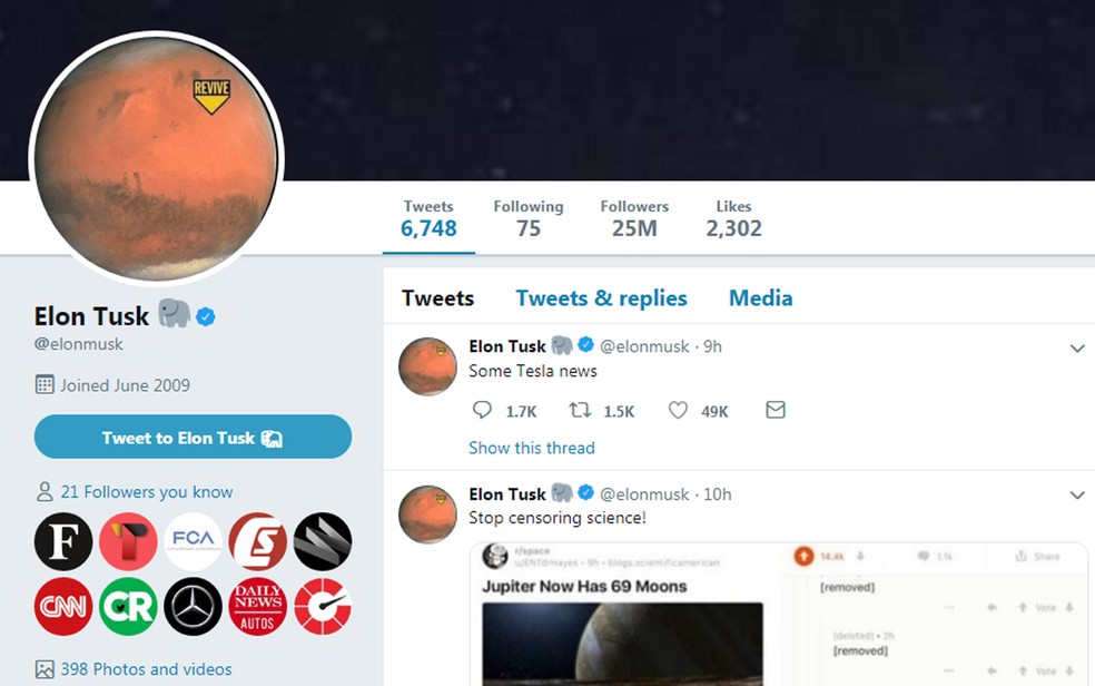 Elon Musk mudou o nome de seu perfil no Twitter para Elon Tusk na última quarta (26) — Foto: Reprodução