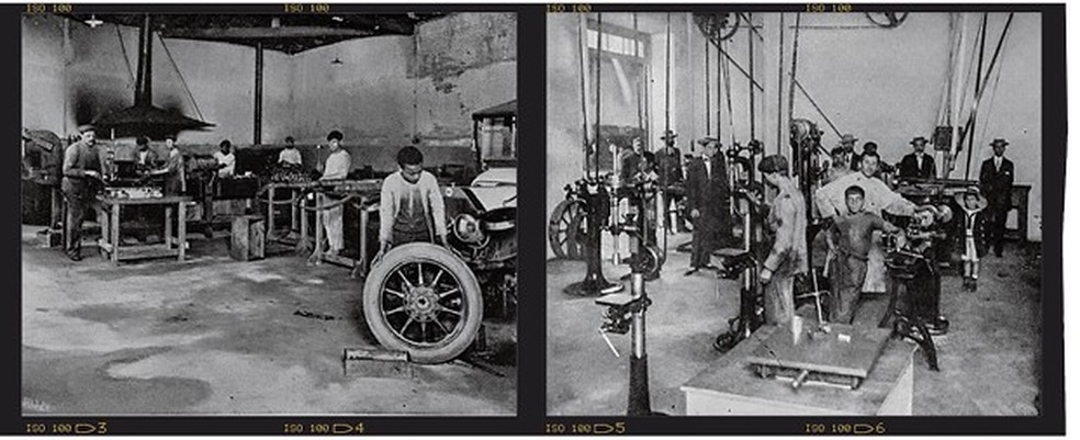 OFICINA Havia máquinas como tornos mecânicos, mas a tecnologia antiga aparece nas rodas de madeira. Pneumáticos da Continental em um pôster dão sabor às fotos. (Foto: Arquivo do jornal O 3PWEB) — Foto: Auto Esporte