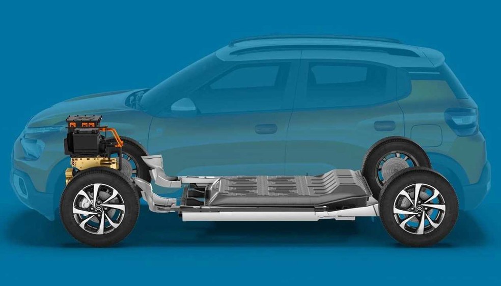 Pacote de baterias do Citroën C3 elétrico fica no assoalho — Foto: Divulgação
