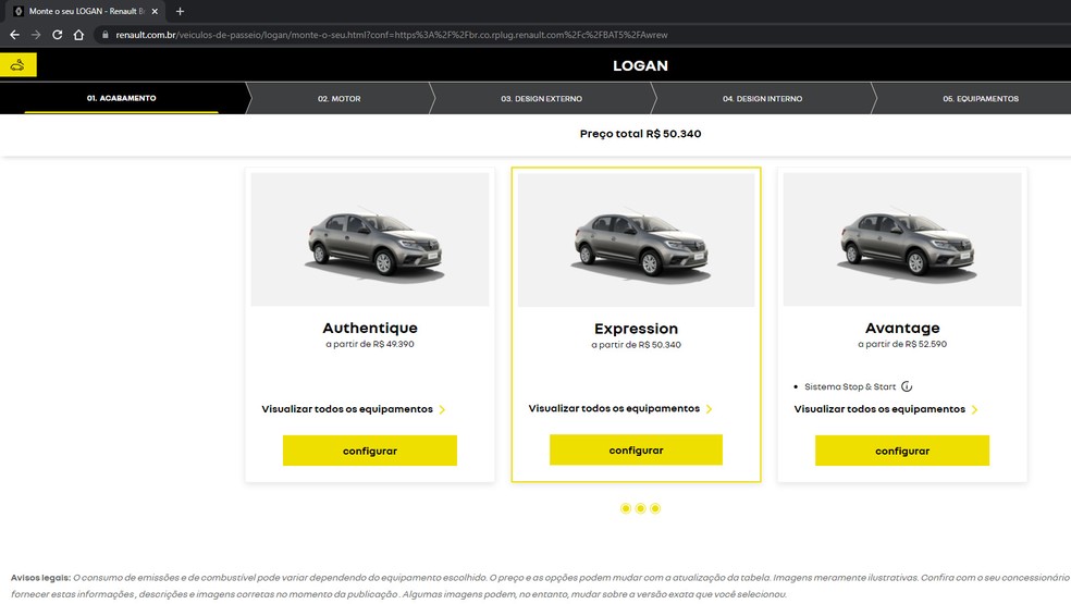 Site da Renault mostra versões antigas e preços mais baixos para o Logan — Foto: Reprodução