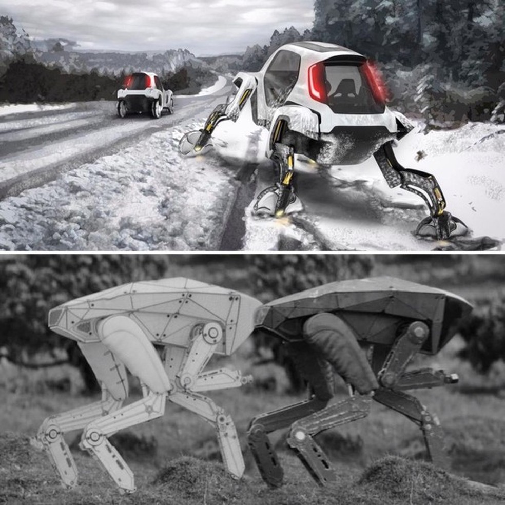 Acima, o conceito da Hyundai e, abaixo, o robô que aparece no episódio "Metalhead" de Black Mirror. Familiar, não é mesmo? (Foto: Reprodução/Hyundai/Netflix) — Foto: Auto Esporte