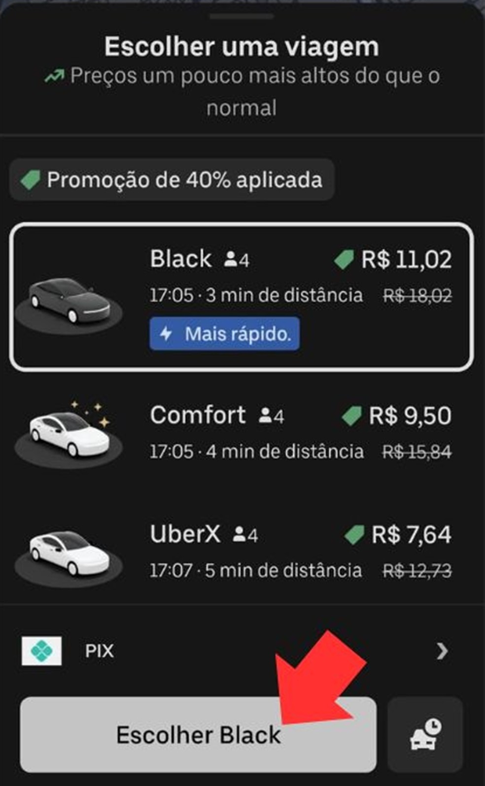 Selecione a modalidade preferida para a viagem — Foto: Reprodução/Aplicativo Uber