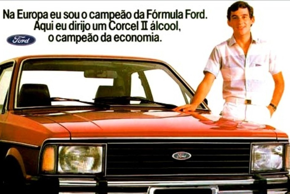 Ayrton Senna em propaganda do Ford Corcel II, no ano de 1983 (Foto: Reprodução) — Foto: Auto Esporte