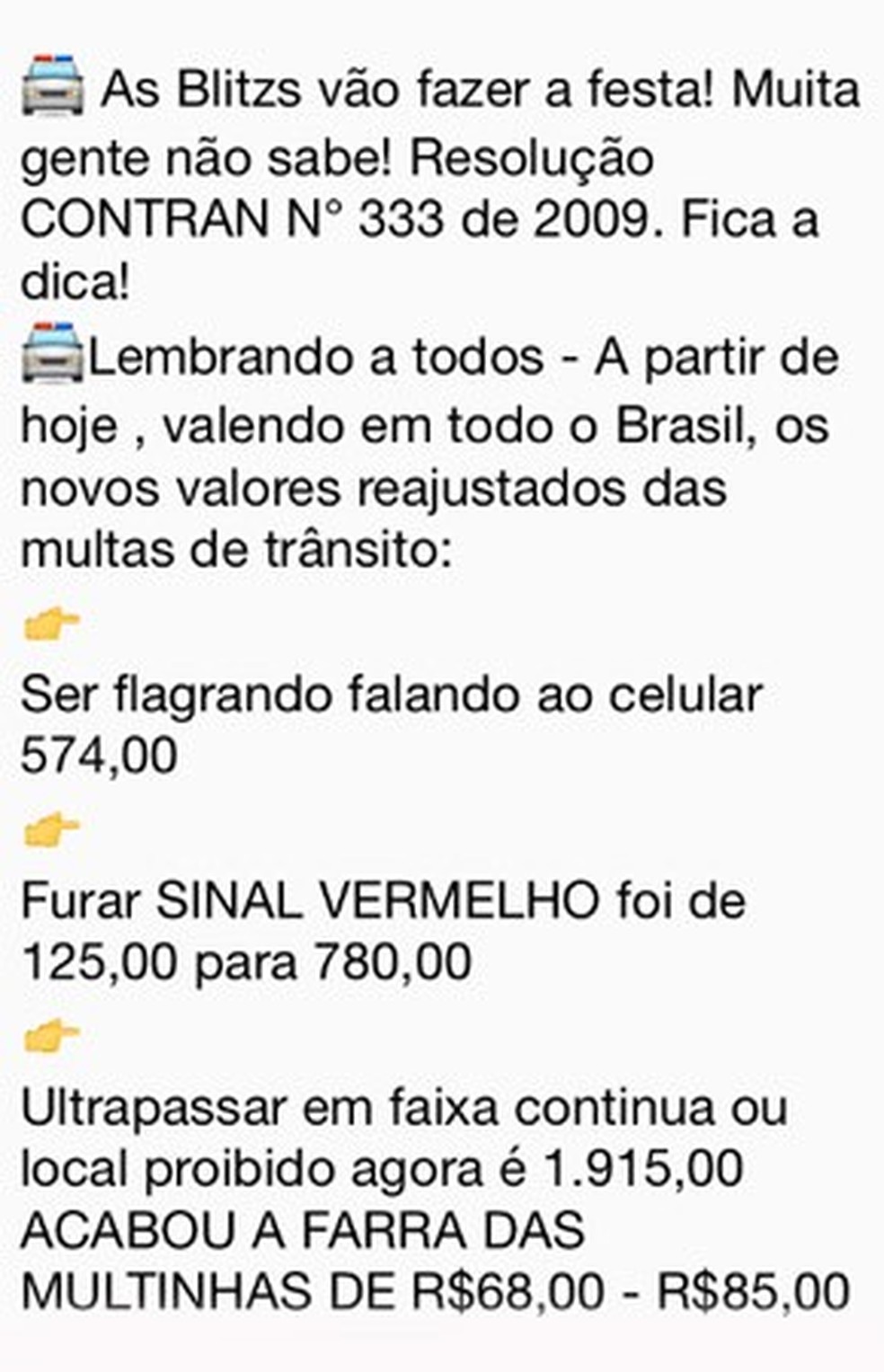 Mensagem sobre multas que circula nas redes — Foto: Reprodução