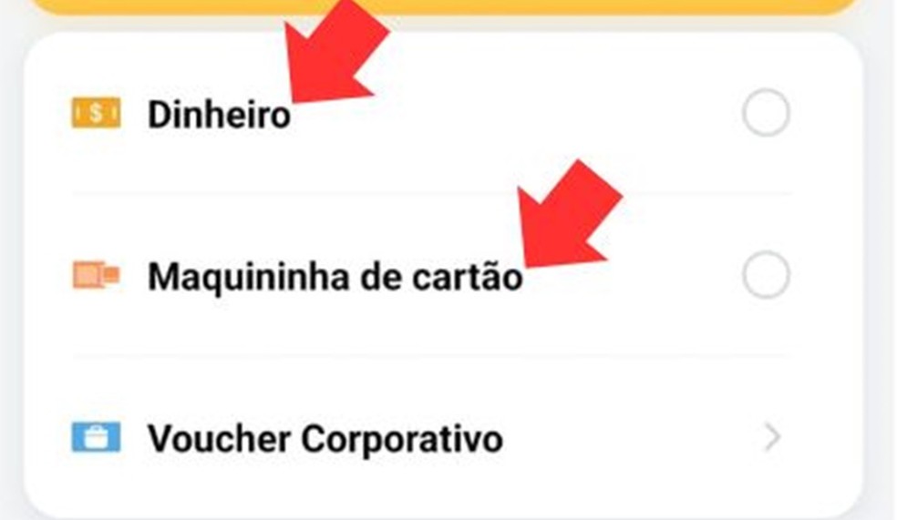É possível utilizar o sistema de transferência ao selecionar as opções "dinheiro" ou "maquininha de cartão" — Foto: Reprodução/Aplicativo 99