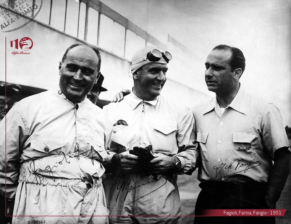 Pilotos Alfa Romeo 1951: Fagioli (esquerda), Farina (centro) e Fangio (direita) — Foto: Divulgação 