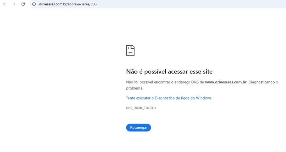 Site da Seres está desativado  — Foto: Reprodução