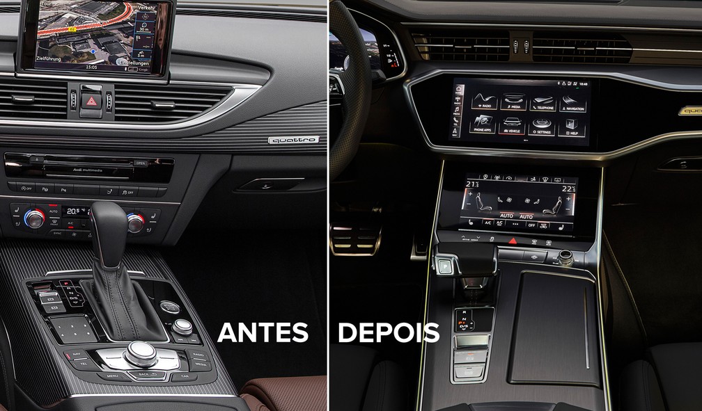 Interior do Audi A7 da geração anterior e do novo modelo — Foto: Divulgação