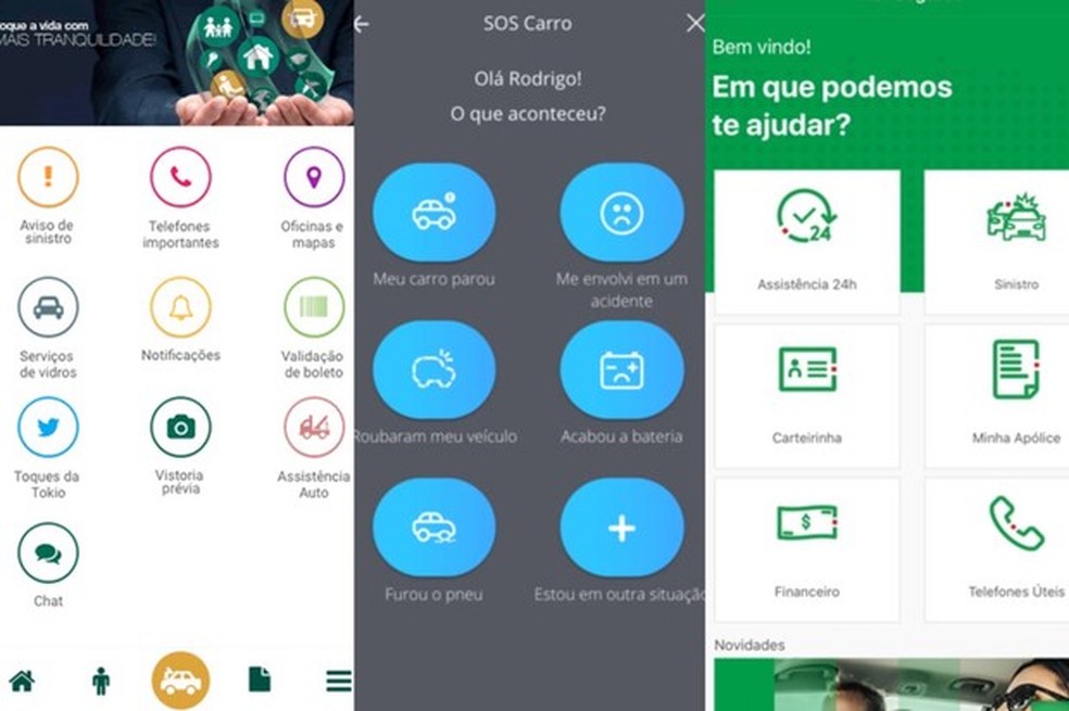 Algumas interfaces dos aplicativos de seguradoras (Reprodução/Internet) — Foto: Auto Esporte