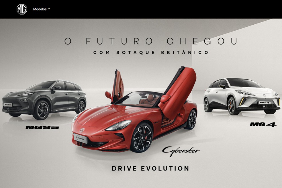 Site da MG mostra três modelos, com destaque para o Cyberster — Foto: Reprodução