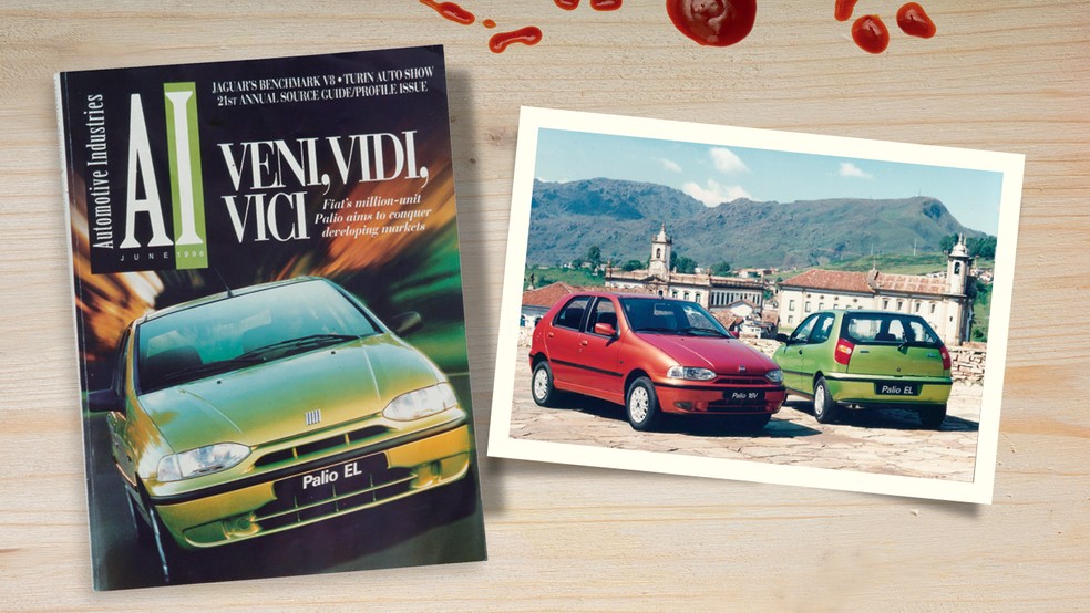 Palio na capa da revista americana Automotive Industries de junho de 1996; e Primeira geração do Palio, em 1996 — Foto:  Divulgação/Acervo MIAU