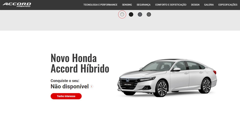 Mensagem exibida na página do Accord no site da Honda — Foto: Reprodução