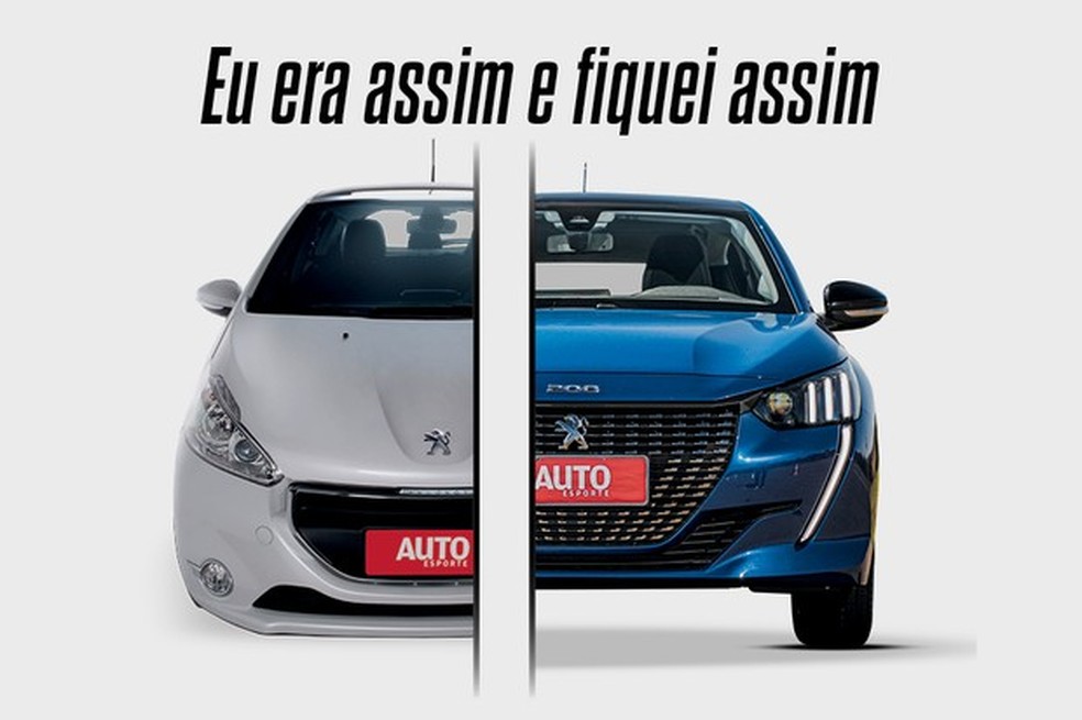O antigo 208 tinha design mais arredondado e menos agressivo, já o novo utiliza vincos e volumes esportivos, além de exibir faróis de LED que parecem presas  — Foto: Auto Esporte