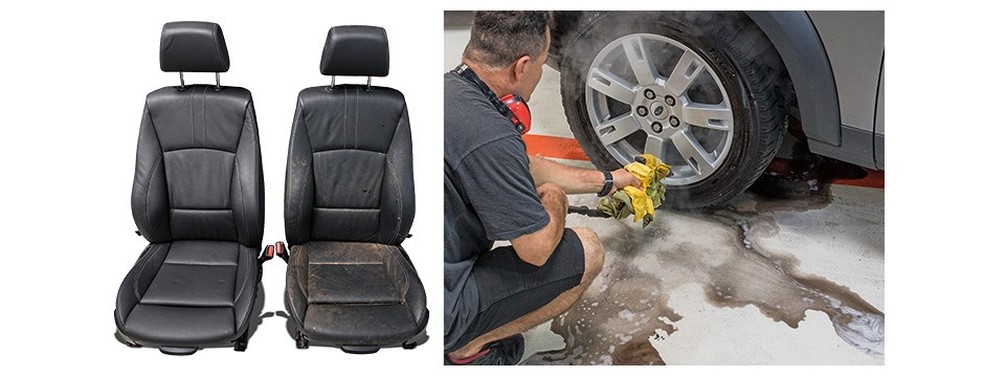 Após poucos instantes, o banco esquerdo ficou limpinho. Como é quente, o vapor (à direita) é mais efetivo que a mangueira  pressurizada (Marcos Camargo/Auto News Brasil) — Foto: Auto Esporte