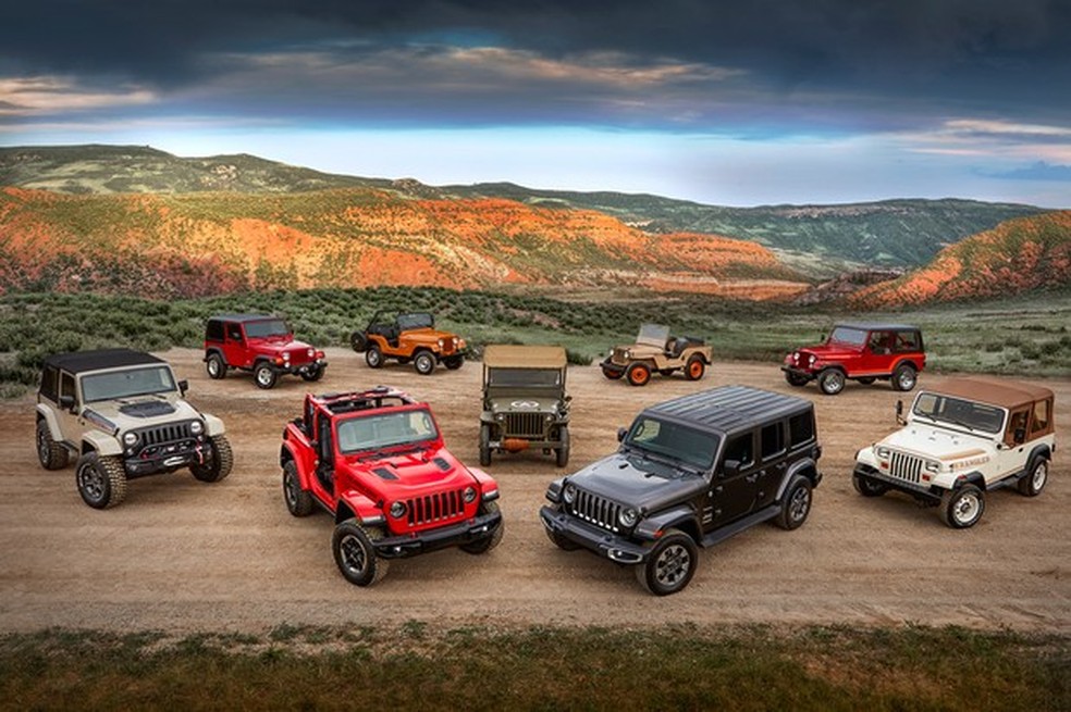 A foto de família deixa claro que o Wrangler evolui sem perder a essência (Foto: Divulgação) — Foto: Auto Esporte