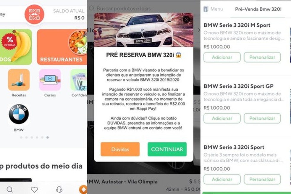 BMW já tem sua própria seção no app para fazer a reserva do 320i (Foto: Reprodução/Rappi) — Foto: Auto Esporte