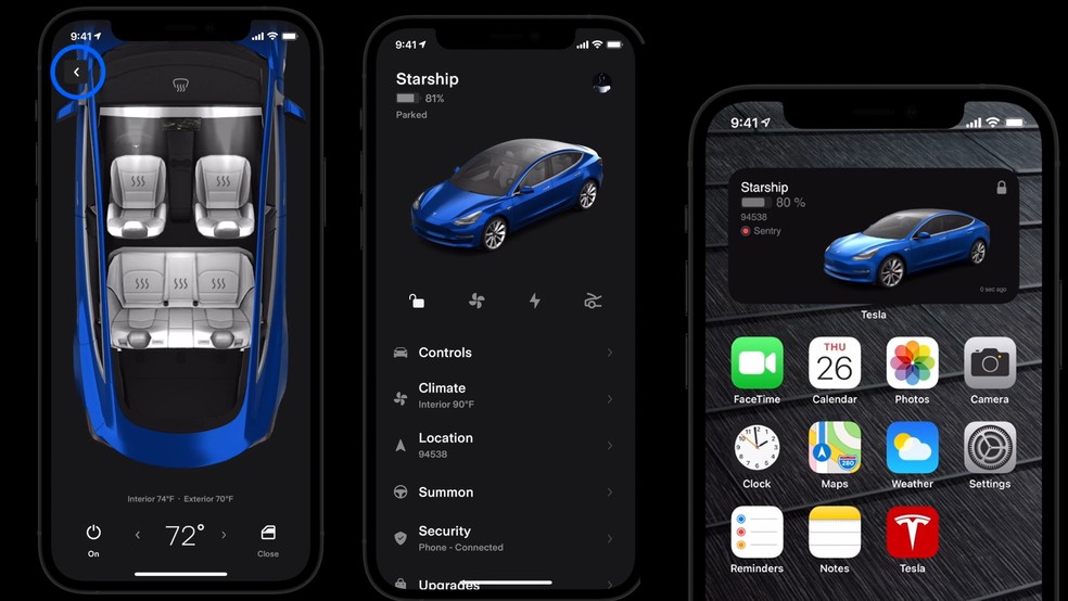 App da Tesla permite controlar a climatização da cabine, dar partida remota e mostra a localização do veículo — Foto: Divulgação