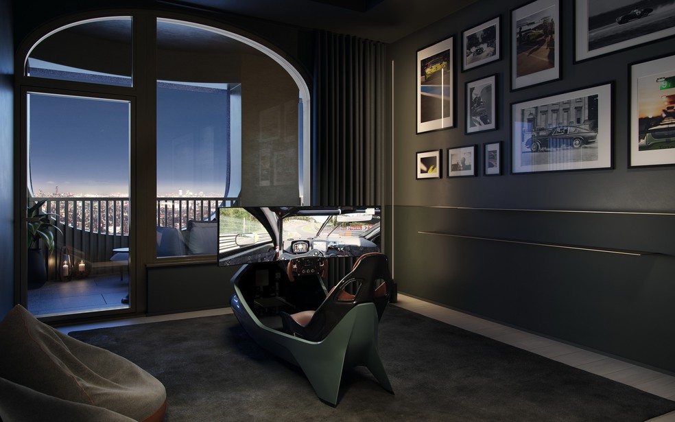 Apartamento pode incluir até um simulador de corridas — Foto: Divulgação