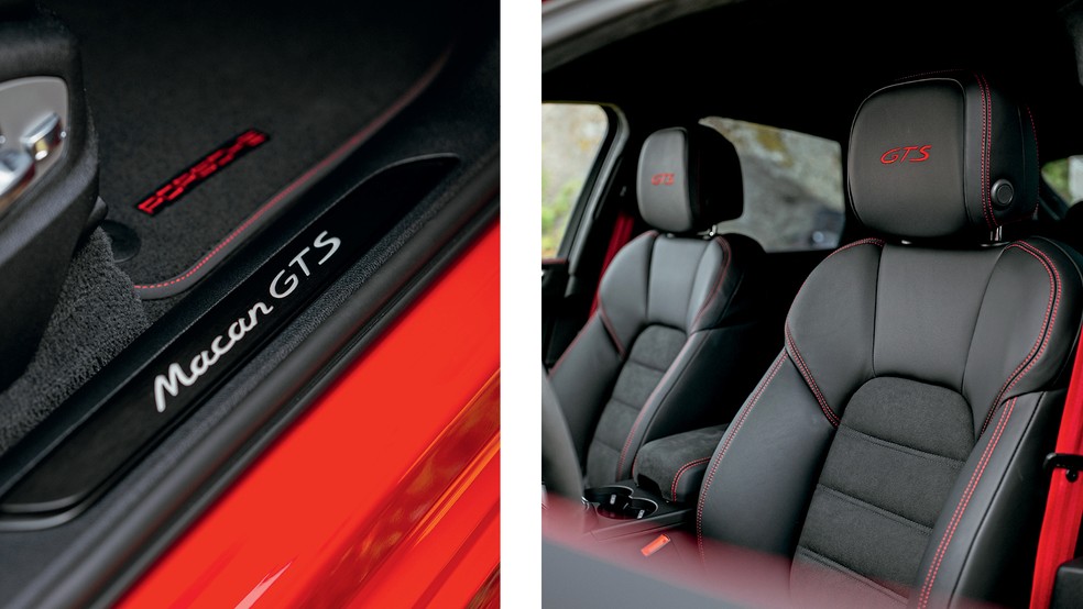 O interior do Porsche Macan GTS mistura couro e Alcantara e o logotipo da versão está gravado nos bancos — Foto: Divulgação