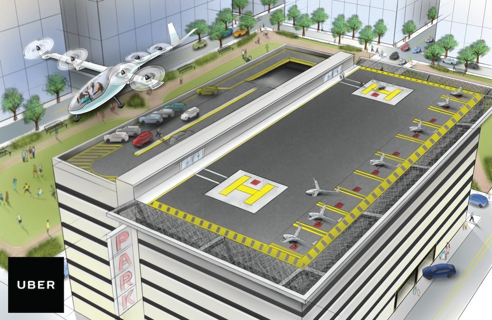 Conceito de veículo voador da Uber mostra espécie de heliponto para veículos menores que helicópteros — Foto: Divulgação