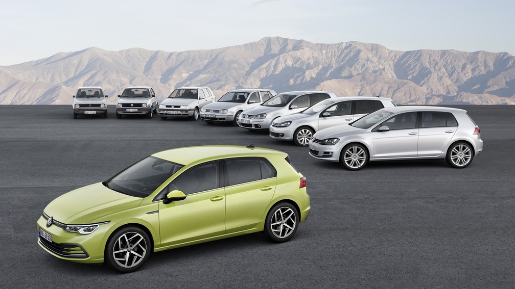 Montagem com as 8 gerações do Volkswagen Golf — Foto: Divulgação