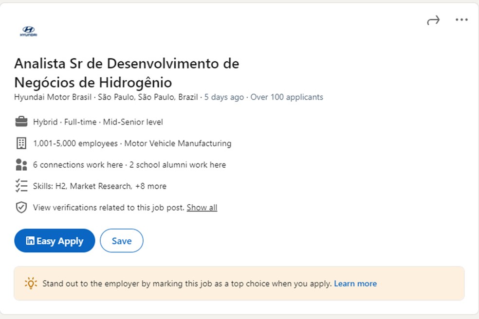 Vaga da Hyundai para pesquisa em célula de combustível com hidrogênio no LinkedIn — Foto: autoesporte