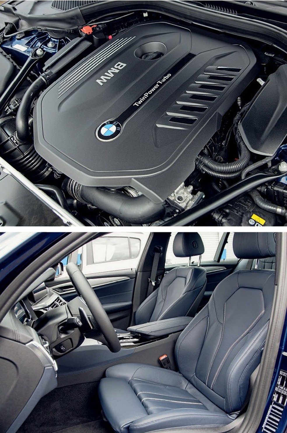 Bancos de couro azulados são extremamente confortáveis, além de bonitos. Há ajustes elétricos para motorista e passageiro. Motorzão 3.0 é imponente, né? — Foto: Auto Esporte