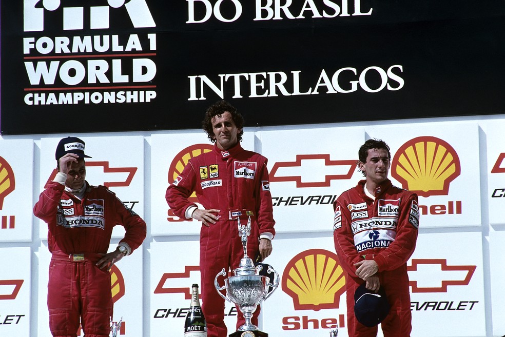 Senna terminou o GP de Interlagos de 1990 na terceira posição, atrás de Berger e Prost — Foto: Getty Images