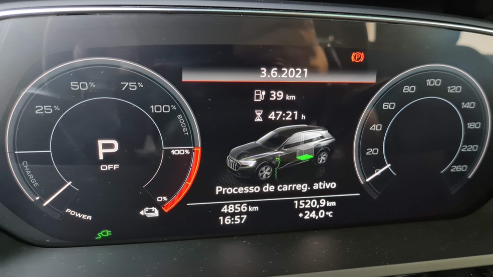 Ligado a uma tomada 220V, o carro dava a péssima notícia: quase dois dias pra carregar — Foto: Rodrigo Ribeiro/Auto News Brasil