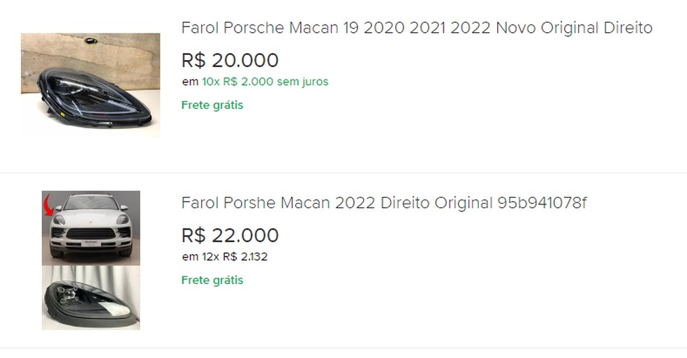 Anúncios de internet mostram faróis de Porsche por até R$ 22 mil — Foto: Reprodução