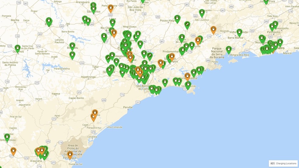 Plugshare reúne os principais carregadores públicos - somente os laranjas são rápidos — Foto: Reprodução